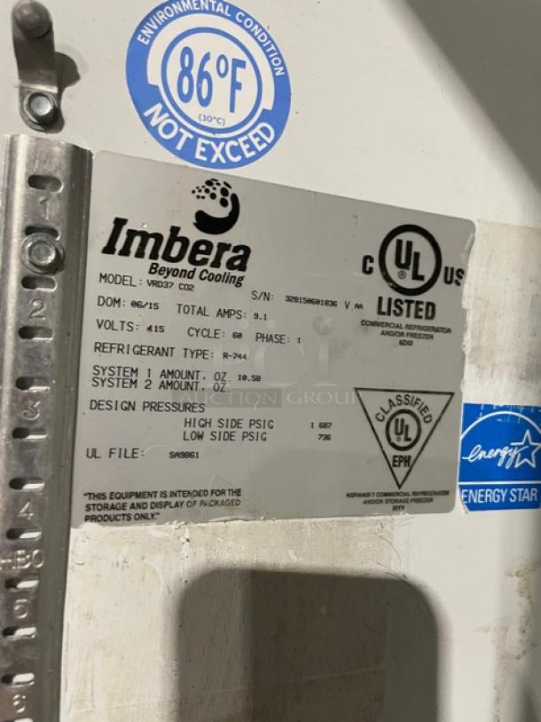 Imbera VRD37C02 commercial refrigerator label. Model, serial number, energy certifications, and refrigerant details visible.