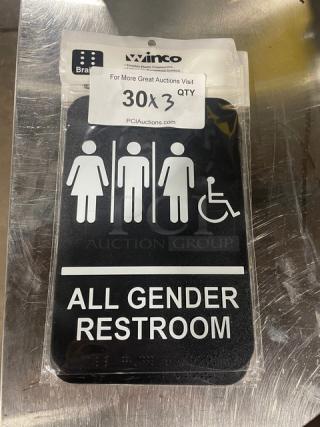 Winco SGNB608 all-gender restroom sign, black, 3-pack, new condition. Features inclusive restroom symbols.