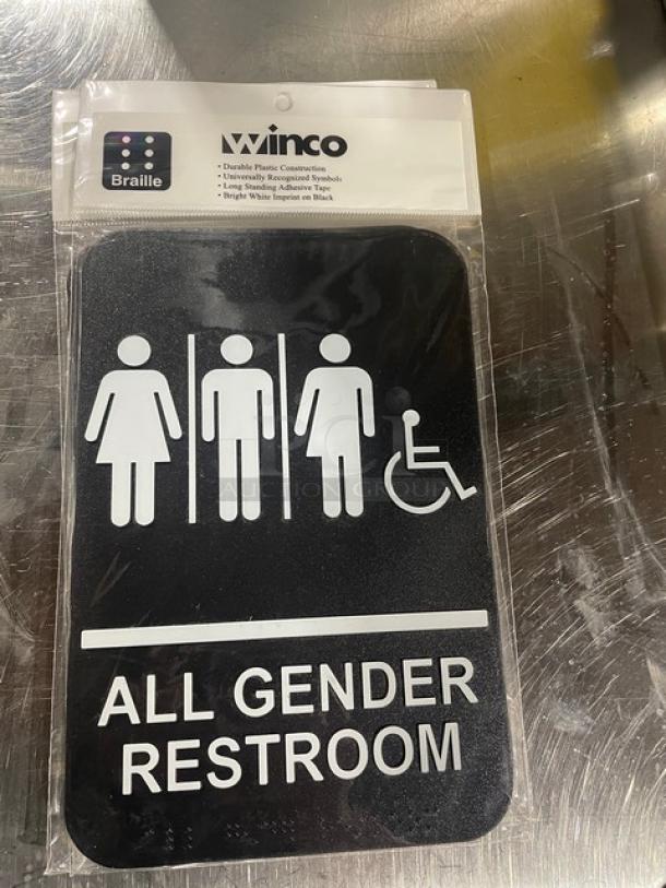 Winco All Gender Restroom Sign, Model SGNB-608, durable plastic, black with white symbols and text, new condition.