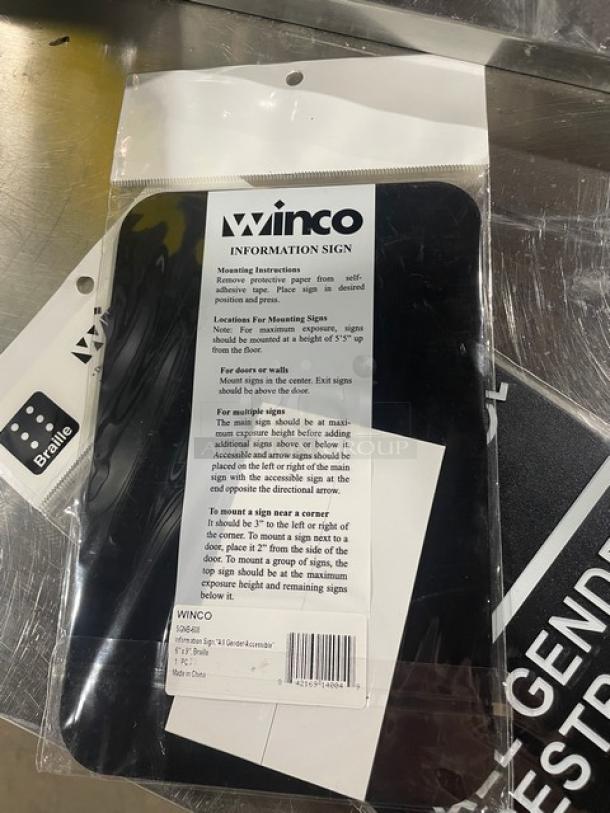 Winco Commercial "All Gender Restroom" Sign, Model SGNB-608, new in packaging, black, includes mounting instructions and Braille.