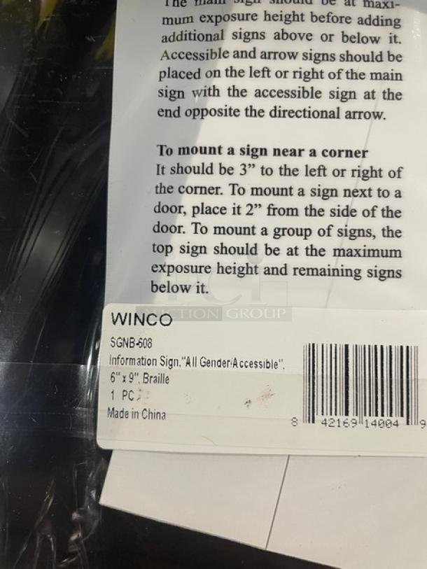 Winco "All Gender Restroom" sign, model SGNB-608, 6"x9", Braille included, new condition, made in China.