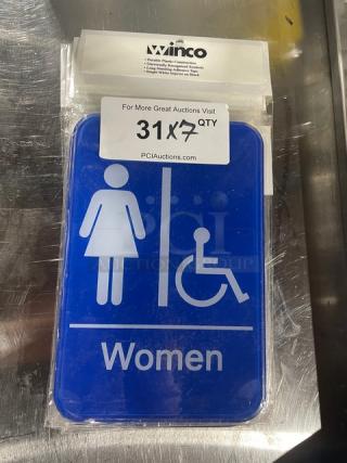 Winco SGN651B blue “Women/Accessible” sign, new condition, 7x7 inches, displaying women's restroom and accessibility symbols.