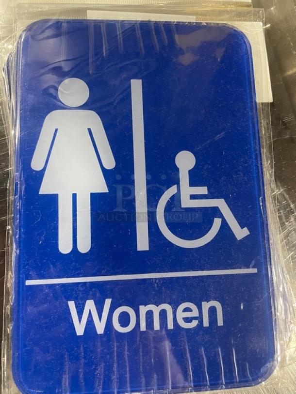 New Winco SGN-651B blue sign, women/accessible symbols, measures 7", commercial use.