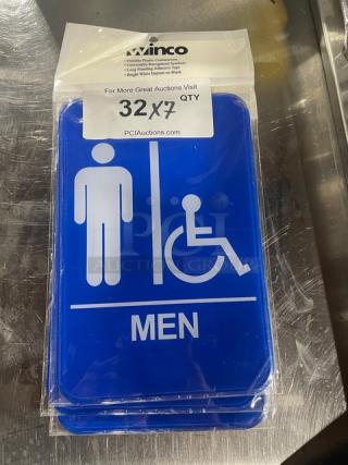 Winco “Men/Accessible” Sign, Model SGN652B, new condition, blue with white symbols, 7x bid label shown.