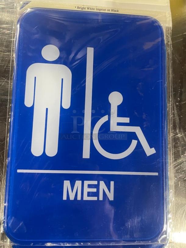 Winco SGN-652B blue "Men/Accessible" sign, new condition, 7x5 inches, durable material, white text and symbols.