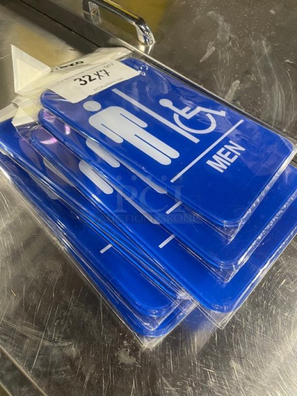 Winco SGN-652B commercial blue "Men/Accessible" signs, new condition, stack of several, 7x bid opportunity.