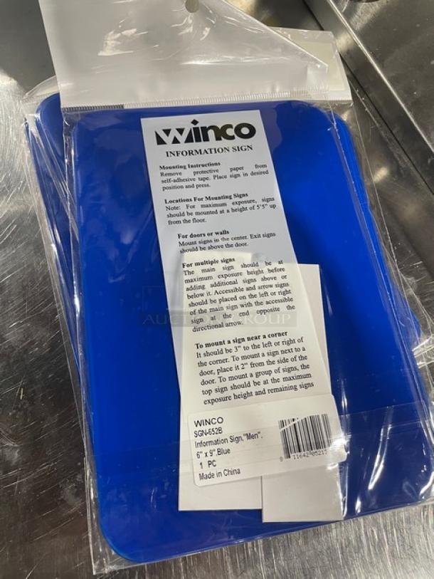 Winco SGN652B blue "Men/Accessible" sign new in packaging; 6"x9"; mounting instructions visible.