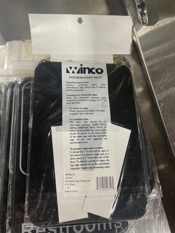Winco SGN603 commercial black "Restrooms" sign, new in package, 7x7 inches, with installation instructions. Model SGN-603.