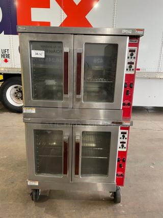 Vulcan Commercial Stainless Steel Electric Double Stacked Convection Oven, with wired oven racks, on casters, model with control panel.