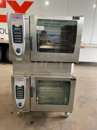 Rational SCC62G double-stacked combi oven, stainless steel, natural gas, wired racks, blue gas hose, on casters.