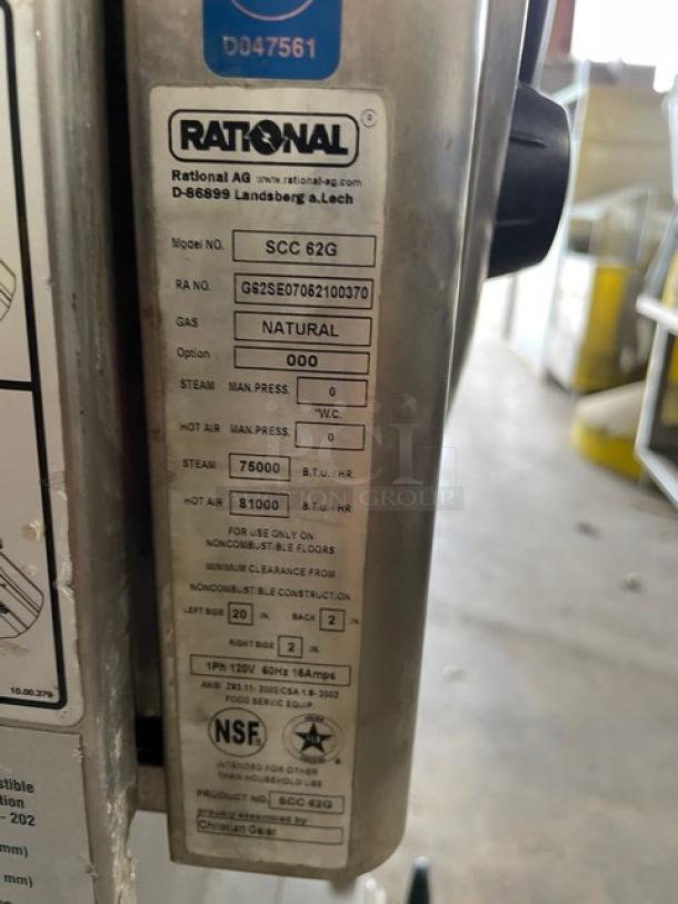 Rational SCC62G commercial combi oven label showing model and serial number, powered by natural gas, 120V, 1 phase.