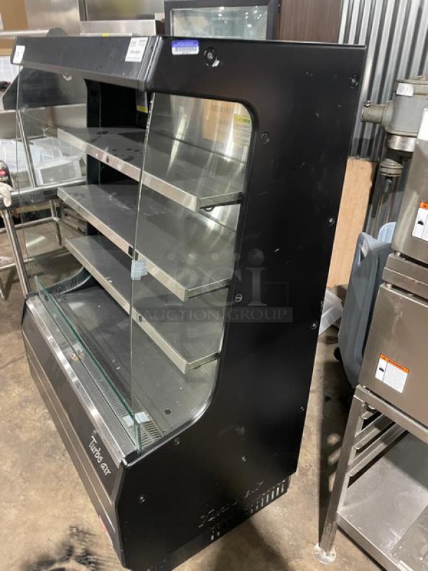 Turbo Air TOM-40MB black refrigerated display case, multi-tier with stainless steel interior and shelves, 120V, SN: TMM40C2100.