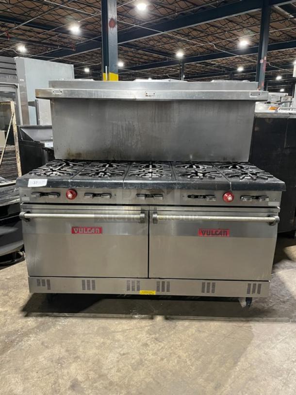 Vulcan commercial stainless steel 10-burner range/double oven combo with backsplash, overhead salamander shelf, wired oven racks.