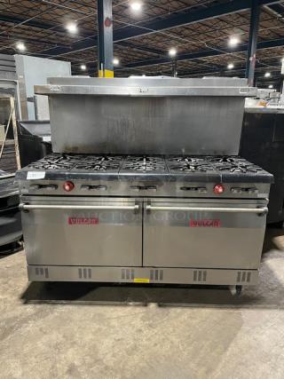Vulcan commercial stainless steel 10-burner range/double oven combo with backsplash, overhead salamander shelf, wired oven racks.