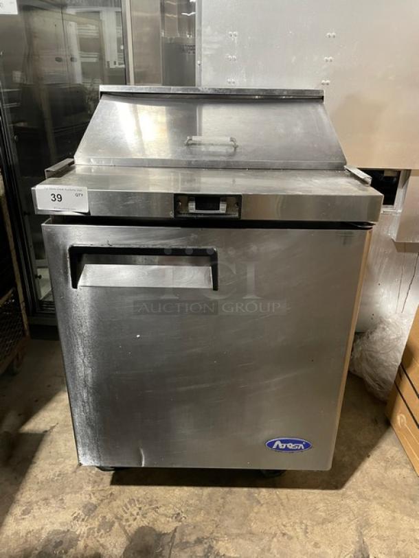 Atosa 2019 stainless steel refrigerated bain marie prep table, Model MSF8301GR, with poly-coated wire rack, on casters.