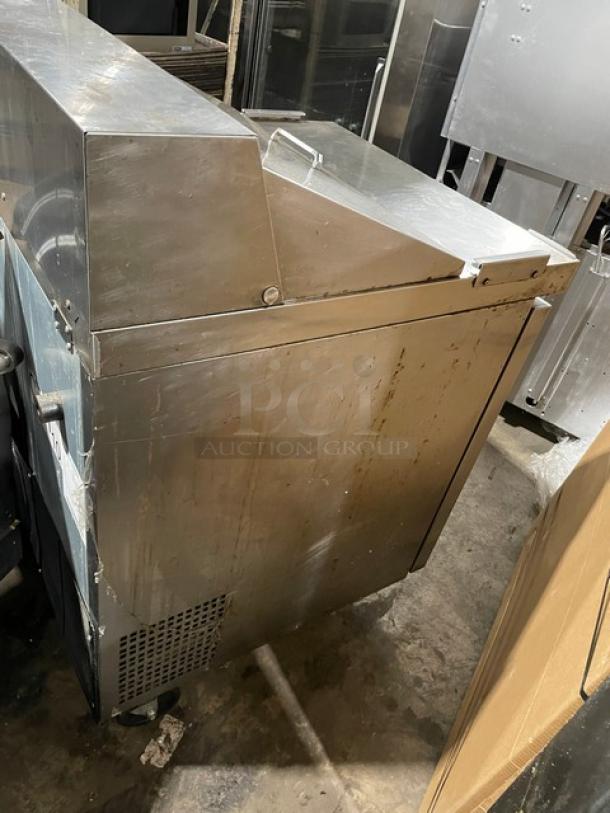 Atosa 2019 commercial stainless steel single-door refrigerated bain marie prep table, Model MSF8301GR, on casters.