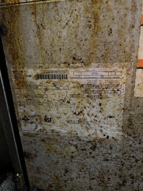 Pitco VF35S commercial fryer label, showing serial number G12BC005211. NSF certified, worn condition, includes specs.