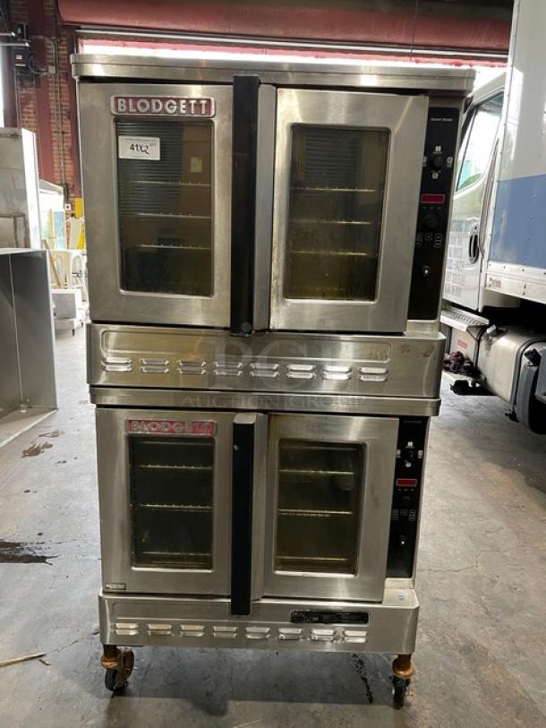 Blodgett Solid State Series double-stacked stainless steel convection oven, natural gas-powered, on casters, with wired racks.
