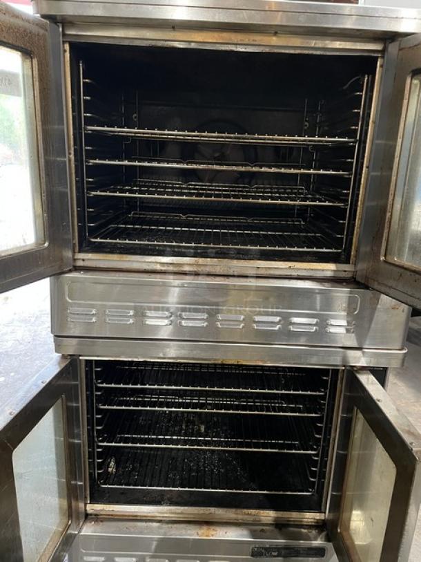 Blodgett Solid State Series double-stacked convection oven, stainless steel, natural gas, wired racks, on casters.