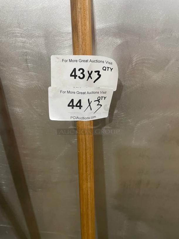 Carlisle Commercial Natural Corn Blend Warehouse Broom, Model 3685500, with wooden handle. Labels show quantities: 43x3, 44x3.