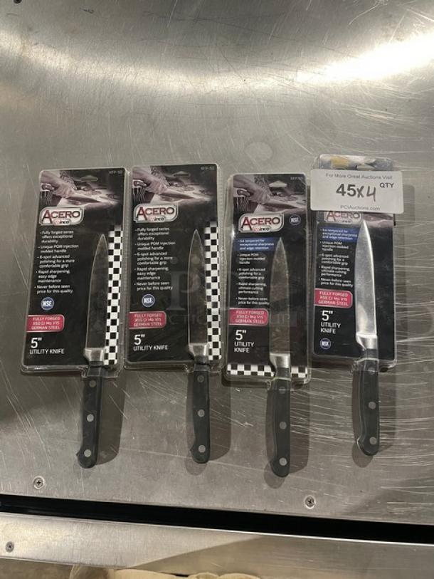 Winco Acero Series 5" Utility Knife, Model KFP-50, stainless steel, black grip handle, new condition, set of four.