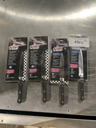 Winco Acero Series 5" Utility Knife, Model KFP-50, stainless steel, black grip handle, new condition, set of four.