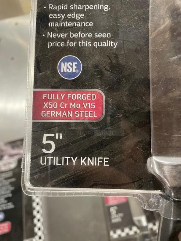 Winco Acero Series 5" utility knife, model KFP50, with black grip handle. Made from fully forged X50 Cr Mo V15 German steel.