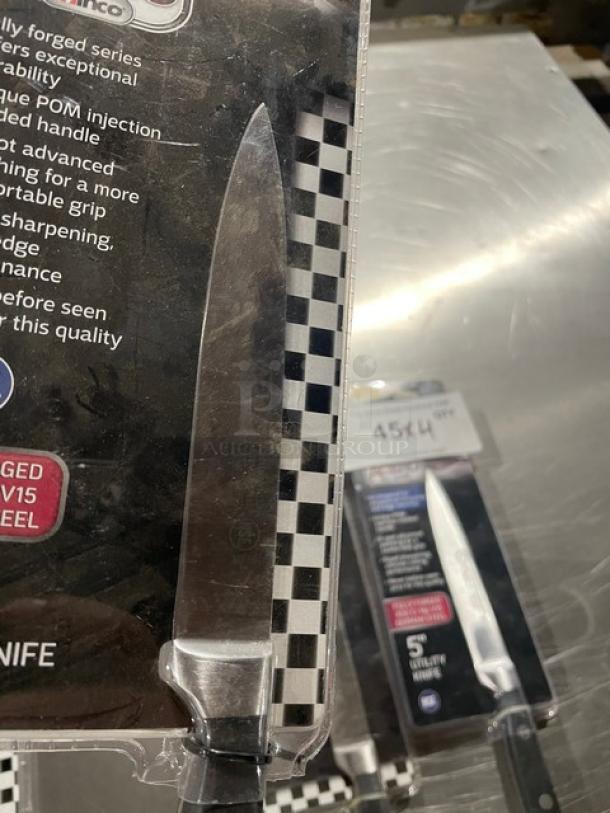 Winco Acero Series 5" utility knife, stainless steel, black grip handle, model KFP-50, new in packaging.