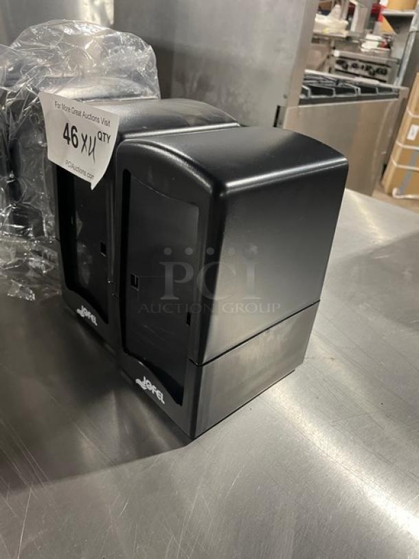 NEW Jofel commercial napkin dispenser, black, countertop/tabletop, tall-fold design, brand logo visible, excellent condition.