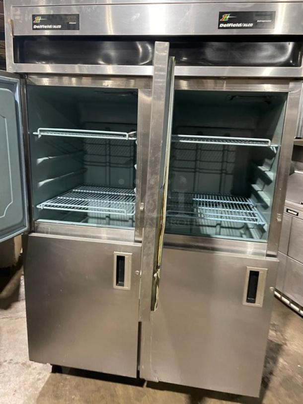 Delfield/Alco stainless steel 4-door dual-zoned refrigerator/freezer combo with poly coated wire racks and casters.
