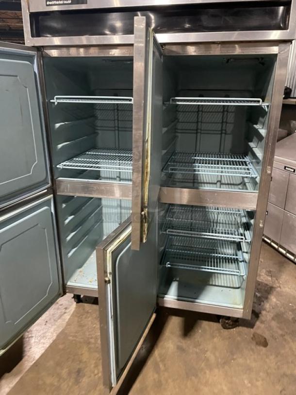 Delfield/Alco commercial stainless steel 4-door dual-zoned refrigerator/freezer combo with poly coated wire racks on casters.