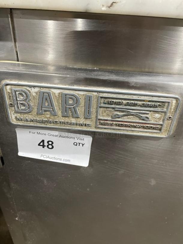 Bari Commercial Stainless Steel 3-Door Pizza Prep Table, marble-style worktop, on casters, retaining manufacturer tag.