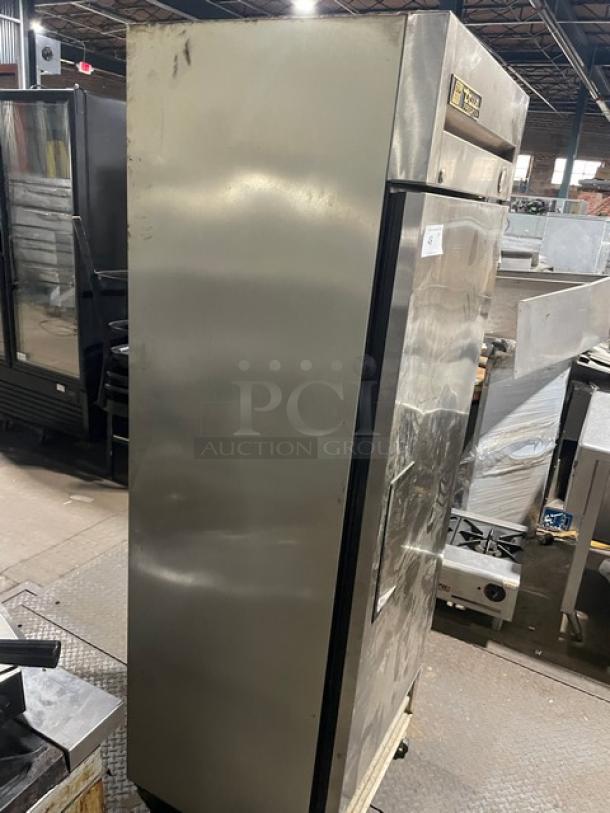 True T-19FZ commercial stainless steel single door reach-in freezer with poly-coated wire racks, model 5083344, on casters.