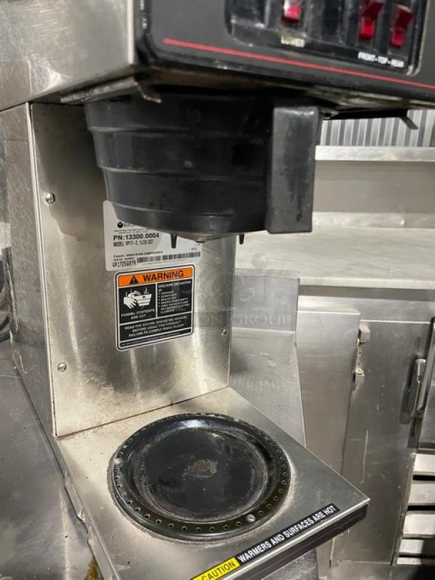 Bunn VP17-3 stainless steel coffee brewer, 3 warmers, countertop model, electric, SN: VP17256079, warning labels visible.