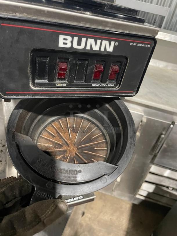 Bunn VP17-3 commercial coffee brewer with 3 warmers, stainless steel, front control panel, and pour-over design. Model: VP173.