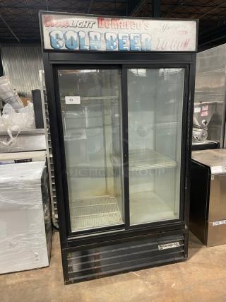 Beverage-Air MT38-B commercial black double glass sliding door merchandiser refrigerator, poly coated wire racks, used.
