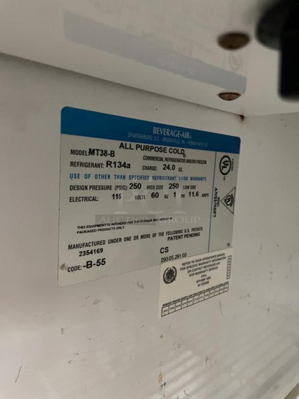 Beverage-Air MT38-B commercial refrigerator label showing model, refrigerant info, electrical specs, and patents.