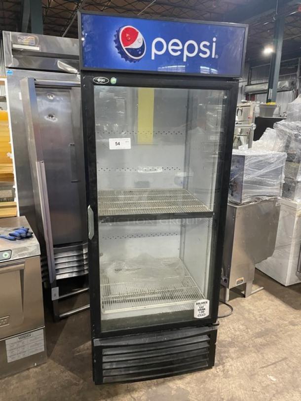 Pepsi-style commercial black single glass swing door merchandiser refrigerator with poly coated wire rack, good condition.