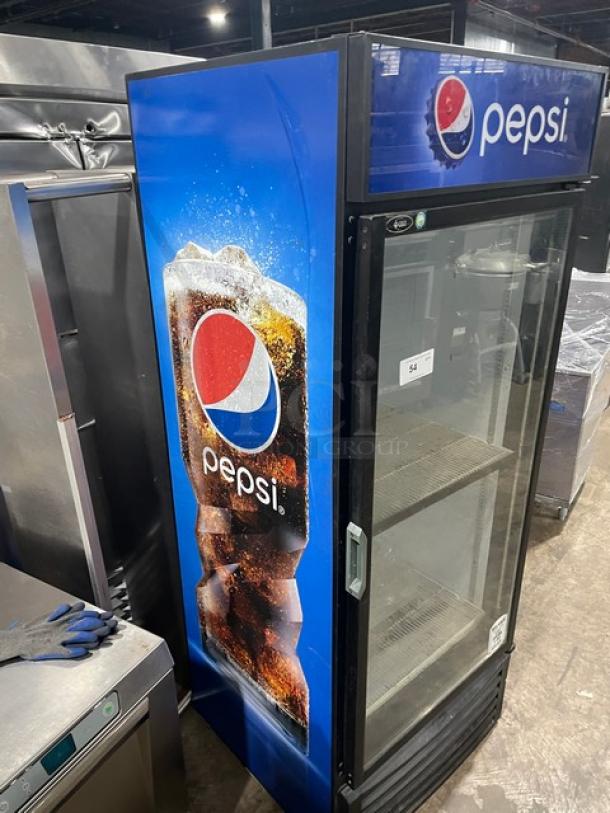 Pepsi commercial black single glass swing door merchandiser refrigerator with poly-coated wire rack.