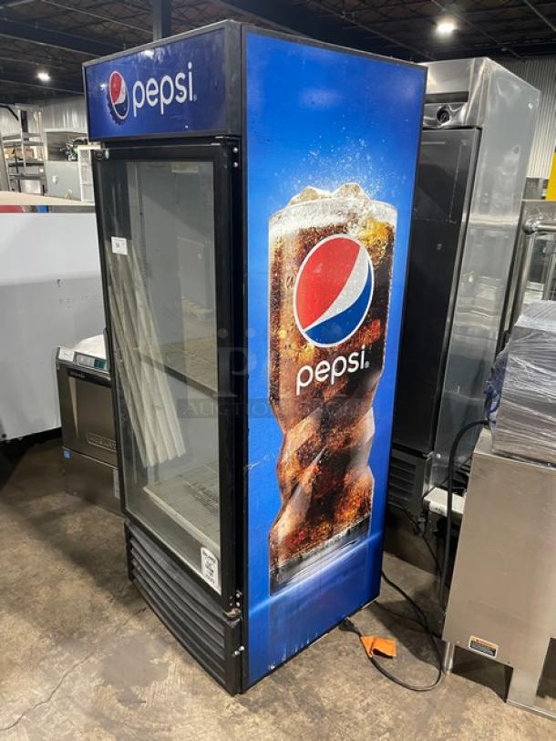 Pepsi commercial black single glass door merchandiser refrigerator with Pepsi branding, featuring a poly-coated wire rack.
