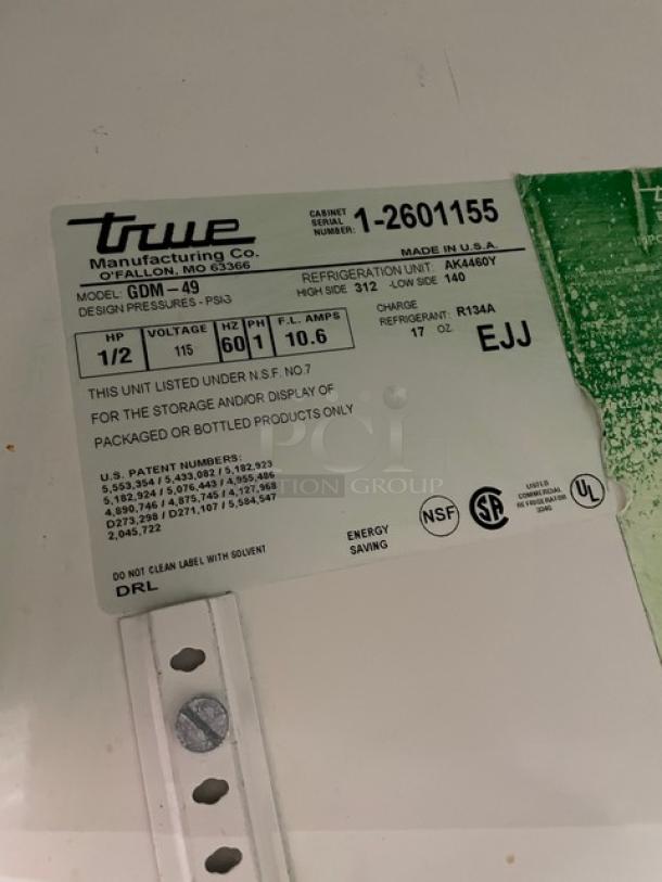 True refrigerator label, Model GDM-49, SN: 1-2601155, 115V, single phase, verified certifications and specifications.