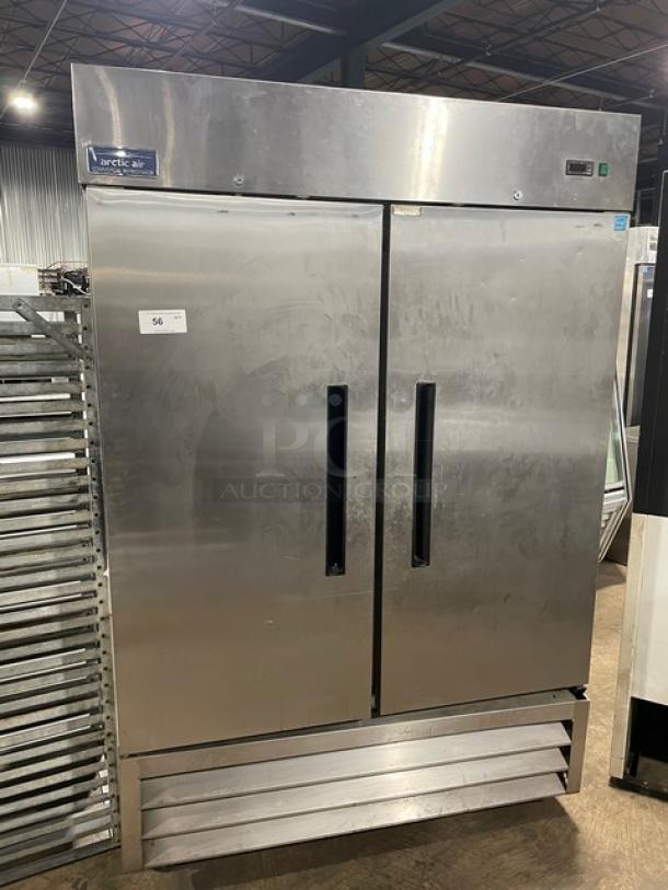 Arctic Air AR49E stainless steel 2-door reach-in refrigerator, Energy Star, poly-coated wire racks, on casters, model SN: 5114509.