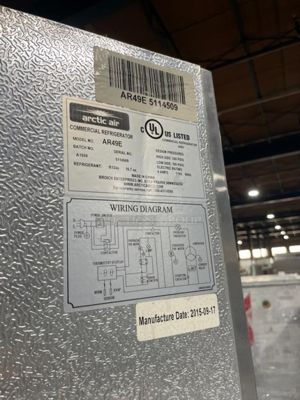 Arctic Air AR49E commercial stainless steel 2-door refrigerator, Energy Star certified, with wiring diagram and labels.