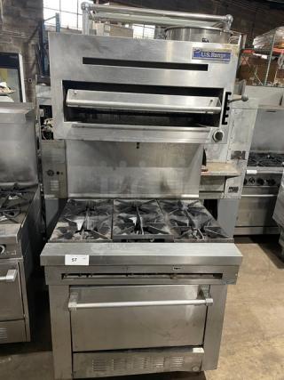 U.S. Range commercial stainless steel 6-burner gas range/oven combo with salamander broiler, cheese melter, and wired racks.