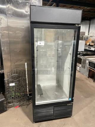 Habco commercial refrigerator, model ESM28, black with single glass swing door, Energy Star certified, used condition.