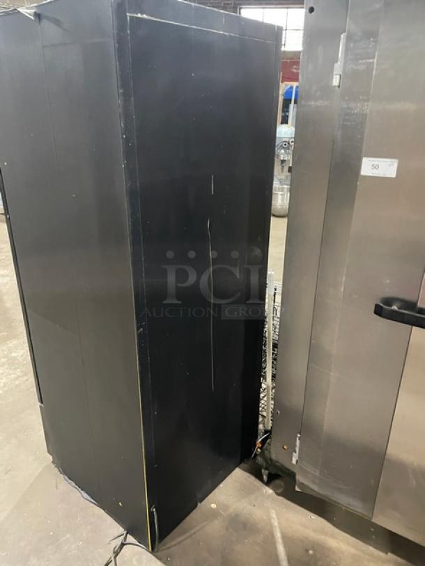 Habco Commercial Black Single Glass Door Merchandiser Refrigerator, Model ESM28, Energy Star Certified, 115V, showing side condition.