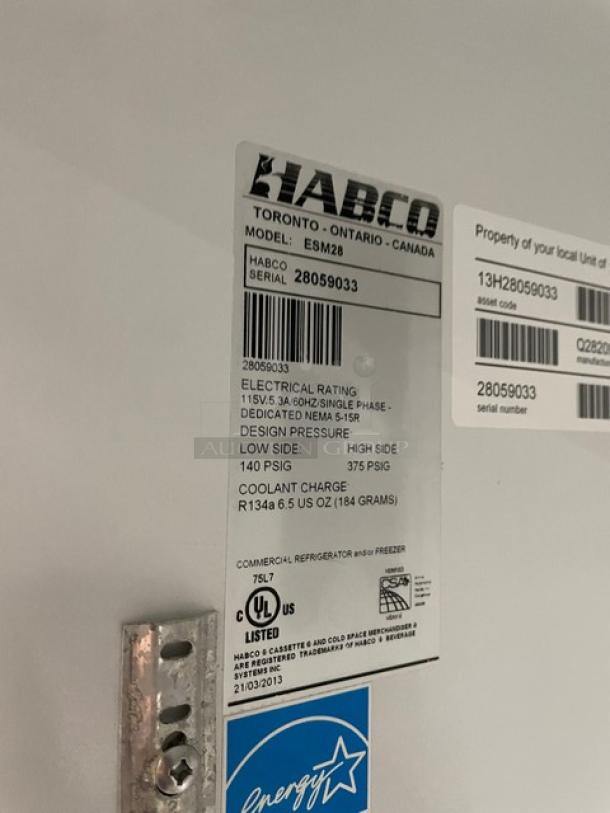 Habco Commercial ESM28 Refrigerator label detailing serial number 28059033, electrical rating, and Energy Star certification.