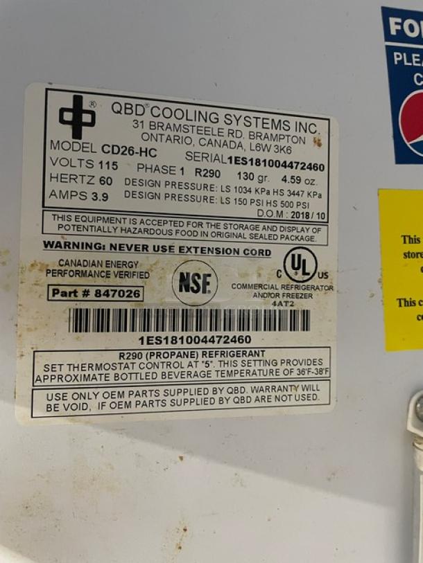 QBD 2018 Pepsi-style commercial refrigerator, Model CD26HC. Features glass swing door, poly-coated wire rack. Serial: 1ES181004472460.