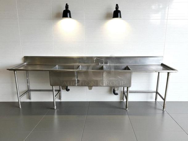 All stainless steel 3 compartment sink, excellent condition, fully tested, includes faucet, ideal for commercial use.