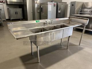 RJ stainless steel 3-compartment sink, fully tested working condition, wash/rinse/sanitize labels, sturdy legs.